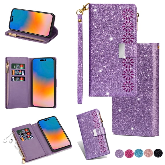 Women Case For iPhone 17 Wallet Case, Multifunctional 9 Card Slots & Cash Pouch Bling Zipper Purse Pocket Glitter PU Leather Magnetic Flip Kickstand Case with Wrist Strap,Purple