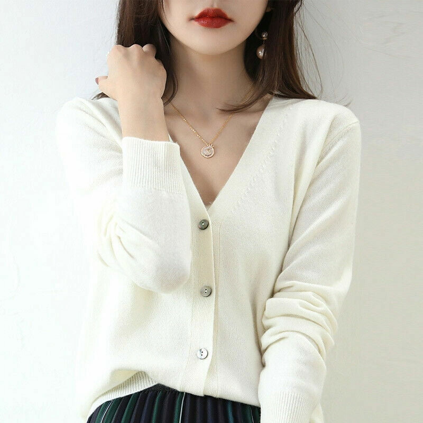 Women Cashmere Wool Cardigan V-Neck Sweater Long Sleeve Knitted Soft ...