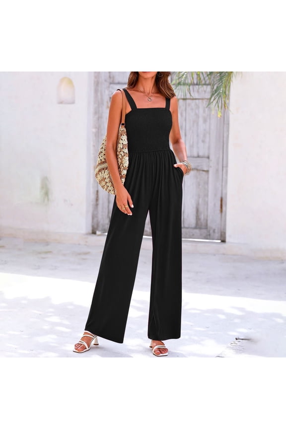 Women Casual 1 Piece Jumpsuit Summer Smocked Top Adjustable Strap Jumper with Pocket Ruched Wide Leg Long Pant Playsuit, Black, M