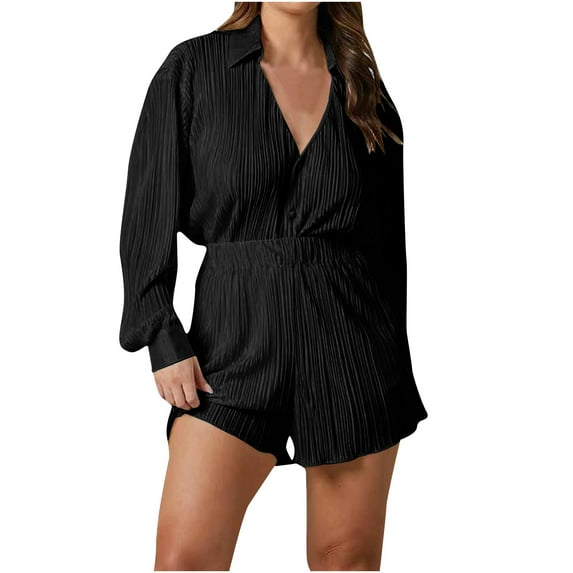 Women Casual 2 Piece Outfits Solid Long Sleeve V Neck Button Down Shirts High Waist Shorts Sets Soft Comfy Loungewear