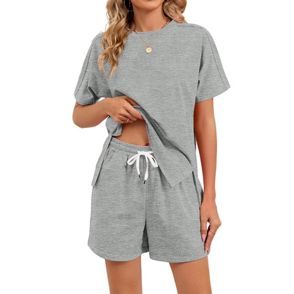 Women Casual 2 Piece Outfits Sweatsuits Summer Short Sleeve Loungewear Tracksuit Round Neck Lounge Shorts Sets Gray S