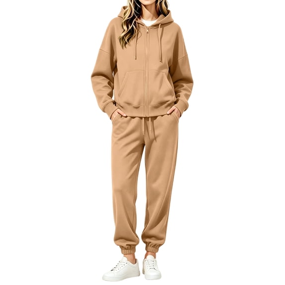 Women Casual 2 Piece Sweatsuit Full Zip Hooded Jacket & Elastic Jogger Pants Comfort Athletic Tracksuit for Workout Loungewear Light Brown S
