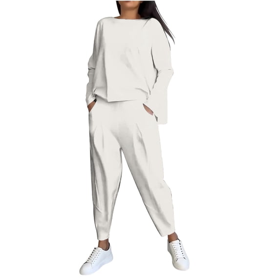 Women Casual 2 Piece Sweatsuits Crewneck Long Sleeve Pullover Shirts Loose Elastic Waist Sweatpants Solid Color Spring Outfits