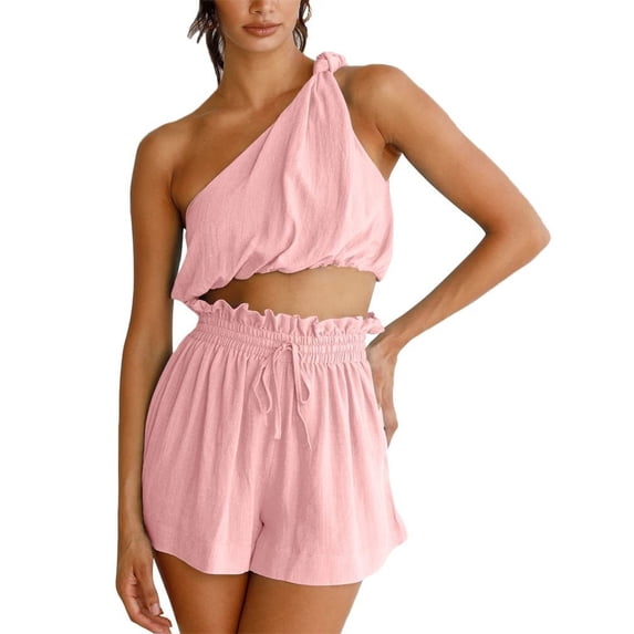 Women Casual 2 Pieces Set One Shoulder Tank Tops & High Waist Elastic Shorts