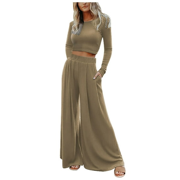 Women Casual 2PCS Outfits Sets Solid Color High Elastic Shaping Long Sleeve Wide Leg Pants Trousers Set