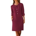 thumbnail image 1 of Women Casual 3/4 Sleeve Dress Crew Neck Button Dresses Dressy Loose Lounge Wear Daily Dress with Pockets, 1 of 5