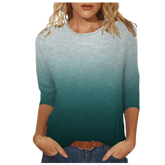 Women Casual 3/4 Sleeve Length T Shirts Tunic Tops Round Neck Loose Fit Basic Tee Solid Color Blouse for Work Daily