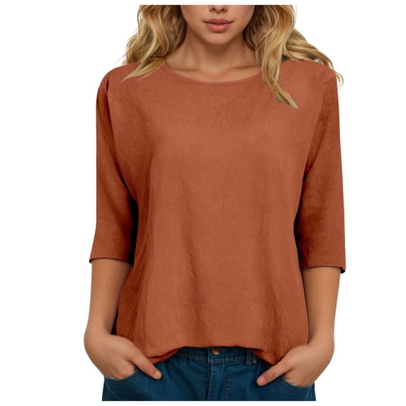 Women Casual 3/4 Sleeve Length T Shirts Tunic Tops Round Neck Loose Fit Basic Tee Solid Color Blouse for Work Daily
