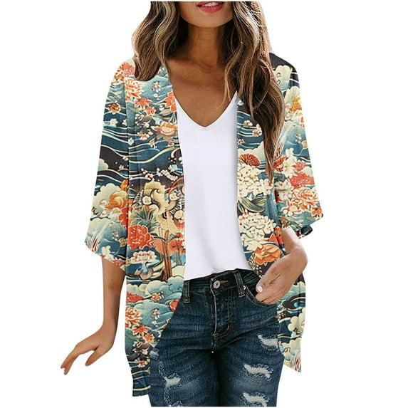 Women Casual 3/4 Sleeve Sheer Open Front Cardigan Sweater Kimono Floral Kimono Summer Short Cover Ups Chiffon Tops