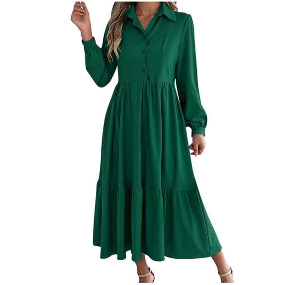 Women Casual 3/4 Sleeve Shirt Dress Button Down V Neck Tiered Collared Flowy Maxi Dress 2025 Summer Beach Sundresses