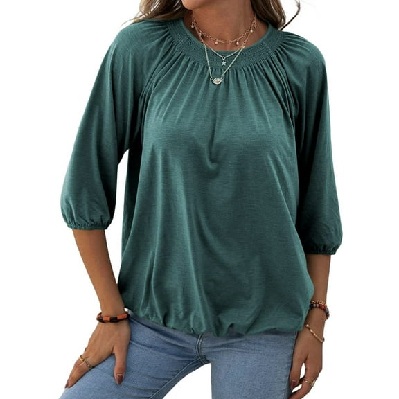 Women Casual 3/4 Sleeve Solid Color Loose T-shirt Crew Neck Tops