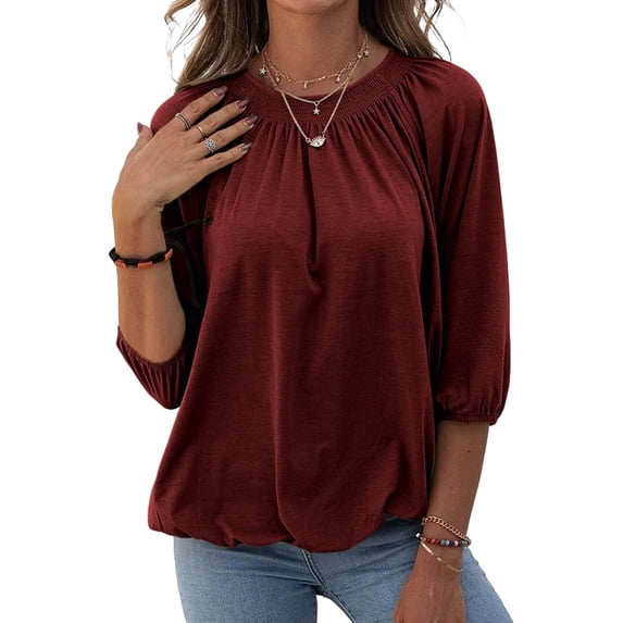 Women Casual 3/4 Sleeve Solid Color Loose T-shirt Crew Neck Tops