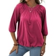 thumbnail image 1 of Women Casual 3/4 Sleeve Solid Color Loose T-shirt Crew Neck Tops, 1 of 3