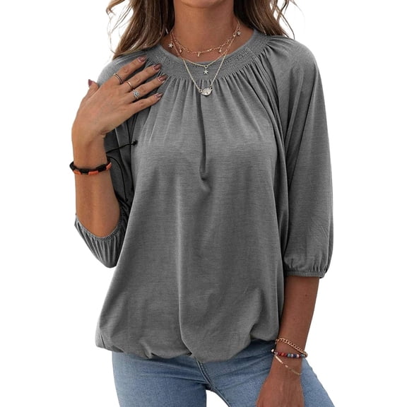 Women Casual 3/4 Sleeve Solid Color Loose T-shirt Crew Neck Tops