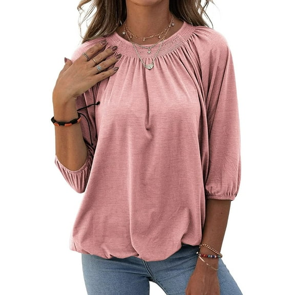 Women Casual 3/4 Sleeve Solid Color Loose T-shirt Crew Neck Tops