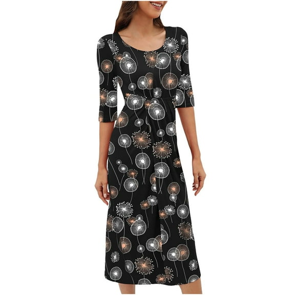 Women Casual 3/4 Sleeve Solid/Floral Party Midi Dresses Crew Neck Ruched Bodycon Dresses Wrap T Shirt Summer Dress