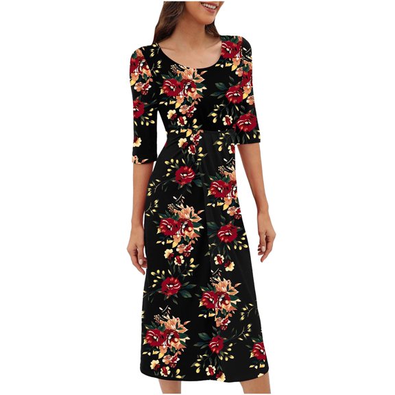 Women Casual 3/4 Sleeve Solid/Floral Party Midi Dresses Crew Neck Ruched Bodycon Dresses Wrap T Shirt Summer Dress