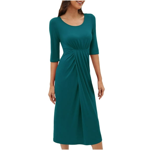 Women Casual 3/4 Sleeve Solid/Floral Party Midi Dresses Crew Neck Ruched Bodycon Dresses Wrap T Shirt Summer Dress