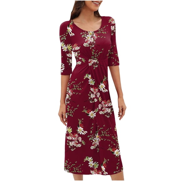 Women Casual 3/4 Sleeve Solid/Floral Party Midi Dresses Crew Neck Ruched Bodycon Dresses Wrap T Shirt Summer Dress