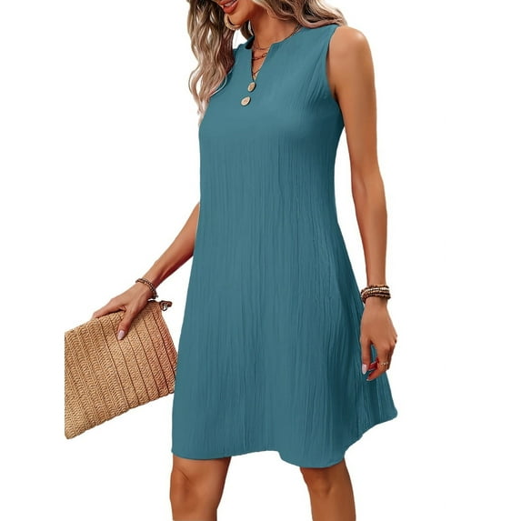 Women Casual A-Line Dress 2025 Sleeveless V Neck Pleated Sundress Loose Tank Dresses Blue S