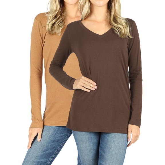 Women Casual Basic Cotton Loose Fit V-Neck Long Sleeve T-Shirt Top