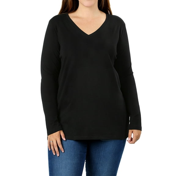 Women Casual Basic Cotton Loose Fit V-Neck Long Sleeve T-Shirt Top