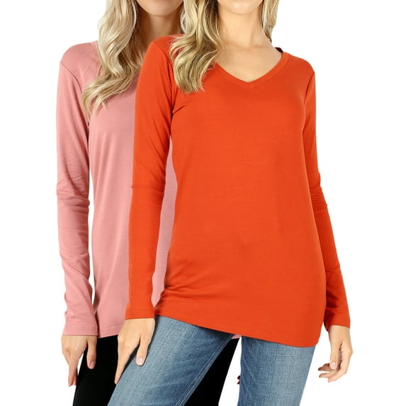 Women Casual Basic Cotton Loose Fit V-Neck Long Sleeve T-Shirt Top