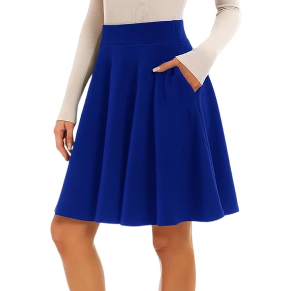 Women Casual Basic Knee‑Length A‑Line Skirt Flared Pleated Midi Half Skirt with Side Pockets Royal Blue XXL