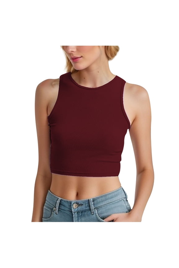 Women Casual Basic Sleeveless High Neck Rib-Knit Y2k Crop Tank Top