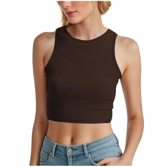 Women Casual Basic Sleeveless High Neck Rib-Knit Y2k Crop Tank Top