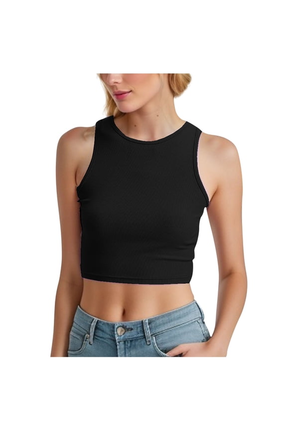 Women Casual Basic Sleeveless High Neck Rib-Knit Y2k Crop Tank Top