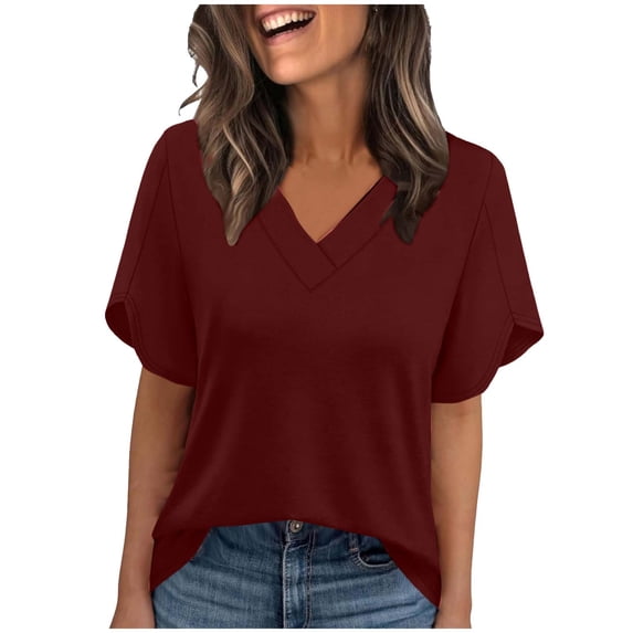 Women Casual Basic Tshirts Summer V Neck Short Sleeve Blouses Loose Fit Solid Color Shirts Trenfy Elegant Comfy Soft Stretch Tops