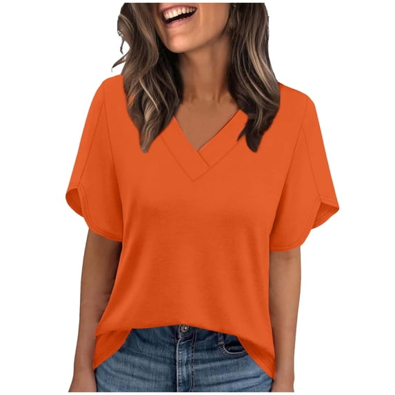 Women Casual Basic Tshirts Summer V Neck Short Sleeve Blouses Loose Fit Solid Color Shirts Trenfy Elegant Comfy Soft Stretch Tops