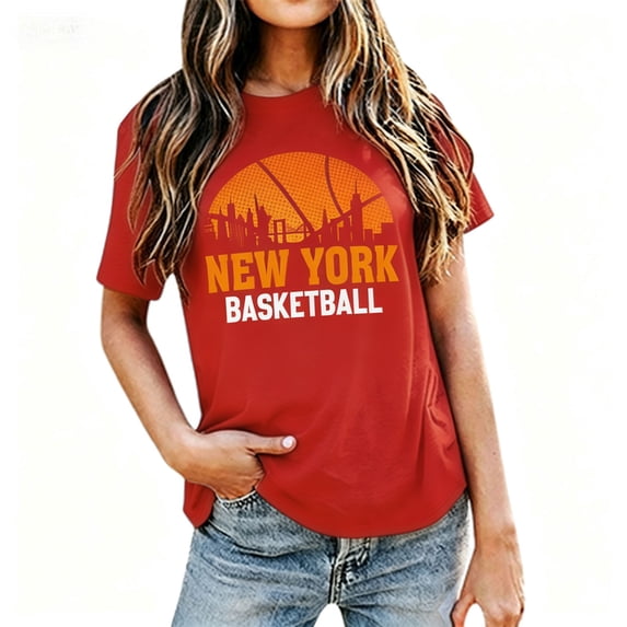Women Casual Basketball Style Short Sleeve Crew Neck T-Shirt, Soft Breathable Cotton Loose Fit Sports Daily Tops, City Themed Lightweight Summer Tees for Outdoor Workout