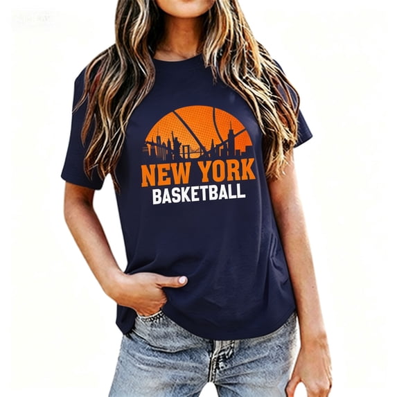 Women Casual Basketball Style Short Sleeve Crew Neck T-Shirt, Soft Breathable Cotton Loose Fit Sports Daily Tops, City Themed Lightweight Summer Tees for Outdoor Workout