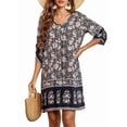 thumbnail image 1 of Women Casual Beach Summer Boho Tassel Tie Neck 3/4 Long Sleeve Short Floral Print Cover Up Sundresses Black M, 1 of 6