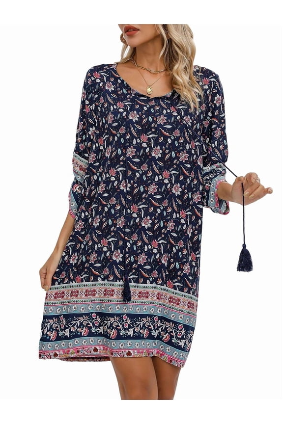 Women Casual Beach Summer Boho Tassel Tie Neck 3/4 Long Sleeve Short Floral Print Cover Up Sundresses Tibet S