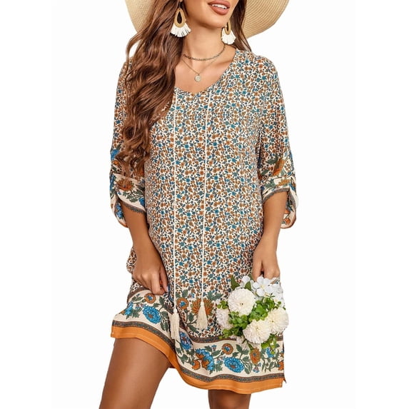 Women Casual Beach Summer Boho Tassel Tie Neck 3/4 Long Sleeve Short Floral Print Cover Up Sundresses XXL