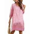thumbnail image 1 of Women Casual Beach Summer Dress Boho Tassel Tie Neck 3/4 Long Sleeve Short Floral Print Flowy Cover Up Sundresses Pink L, 1 of 6