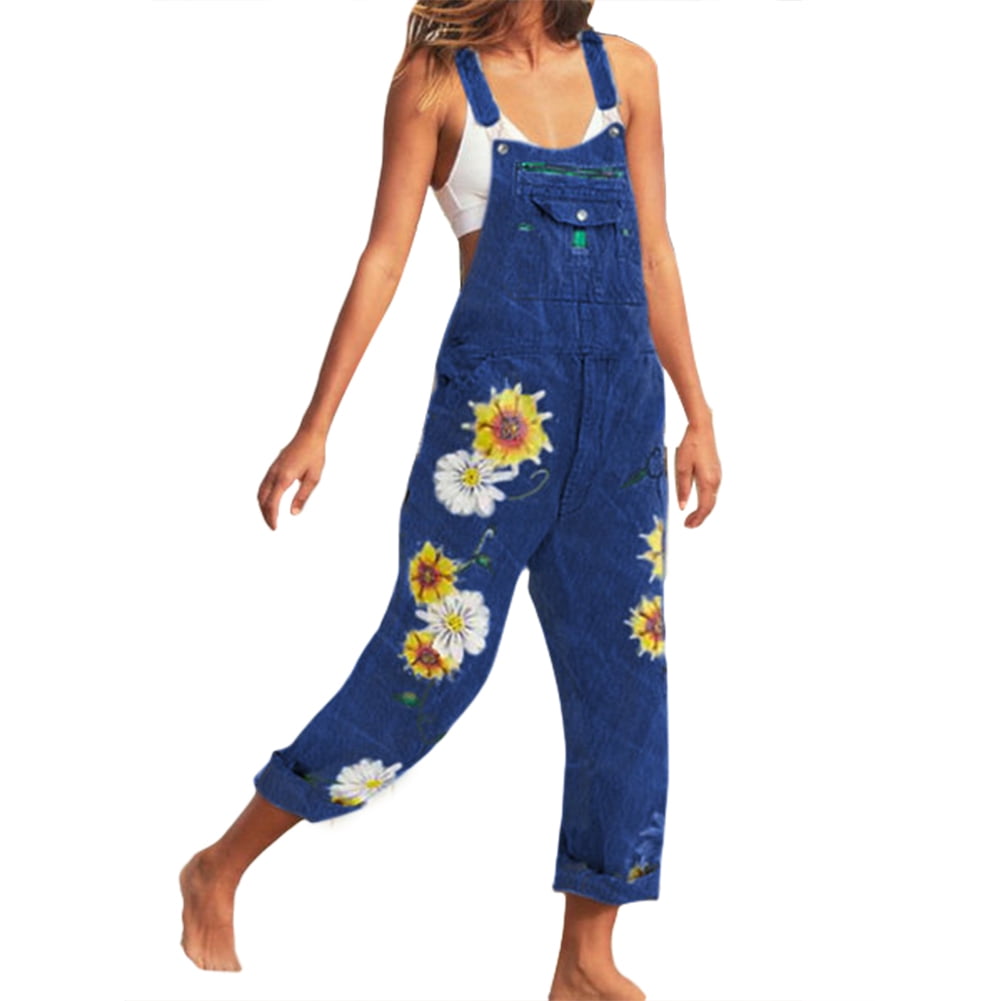 Women Casual Bib Overall Dungarees Sunflower Print Pockets Denim Loose