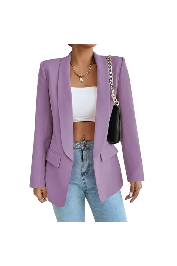 Women Casual Blazer Suit Open Front Shawl Collar Long Sleeve Fitted Jacket for Office Purple S