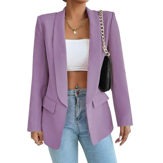 Women Casual Blazer Suit Open Front Shawl Collar Long Sleeve Fitted Jacket for Office Purple S