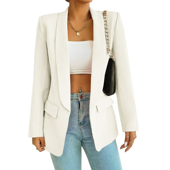 Women Casual Blazer Suit Open Front Shawl Collar Long Sleeve Fitted Jacket for Office White L