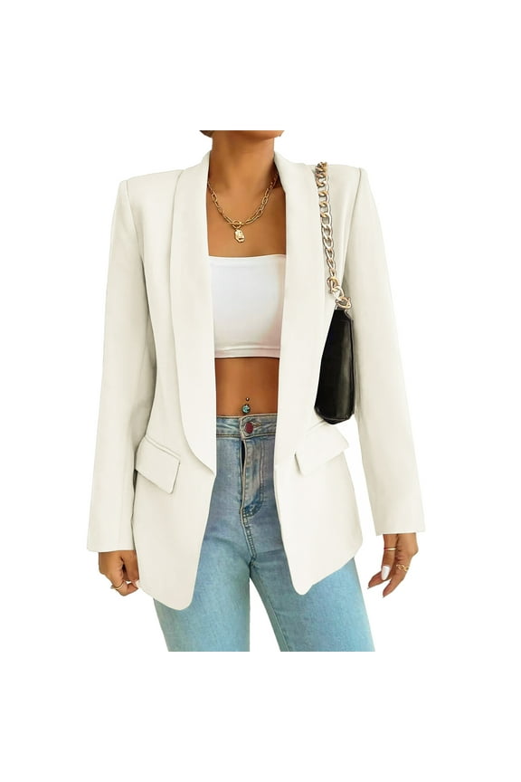 Women Casual Blazer Suit Open Front Shawl Collar Long Sleeve Fitted Jacket for Office White XL