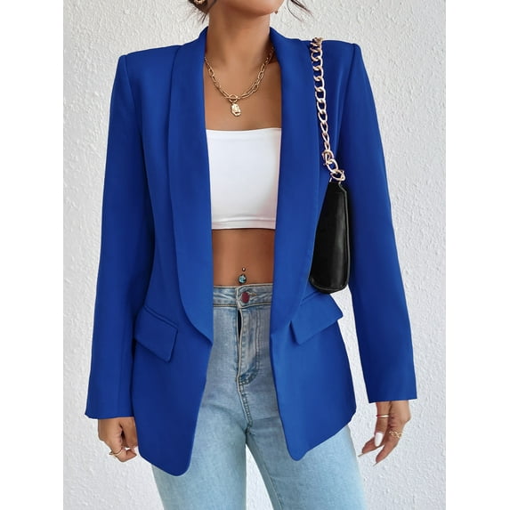 Women Casual Blazer Suit Open Front Shawl Collar Long Sleeve Fitted Jacket for Office Work Blue XS