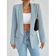 Women Casual Blazer Suit Open Front Shawl Collar Long Sleeve Fitted Jacket for Office Work Light Blue M