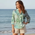 thumbnail image 1 of Women Casual Blouse 3/4 Sleeve V-neck Shirt Collar 100% Lyocell Green Aloha Forest Sprite, 1 of 2