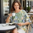 thumbnail image 1 of Women Casual Blouse Elbow Sleeve Round Neck Button-Back 95% Lyocell, 5% Linen Aloha Whimsical Green Elegance, 1 of 2