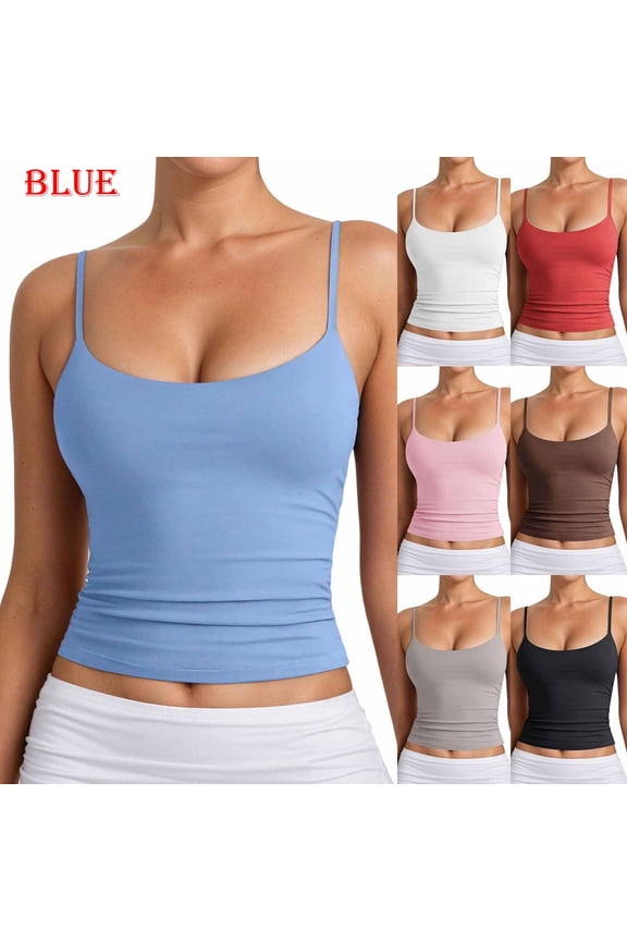 Fashion Ladies Tank Tops Blouse Women's Basic Double Lined Neck Tank Tops Adjustable Tank Summer Sleeveless Tops - Blue - XS