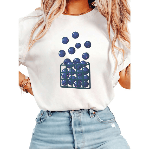 Women Casual Blue Green Blueberry Basket Graphic Tees Cotton Crew Neck Printed T Shirt Tops White S-5XL